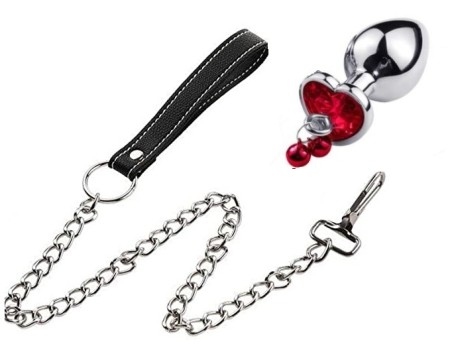 Large Heart Shaped Metal Anal Plug Ring My Bells-Red Crystal & Leash