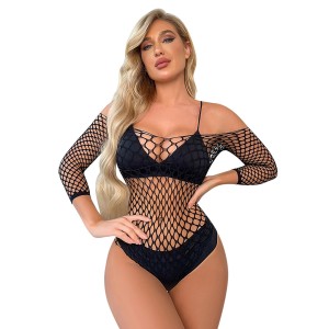 Fishnet Body with Long Sleeves, Black, S-L
