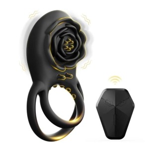 Black Beauty Double Silicone Penis Ring, Remote Control, USB Rechargeable, 8 Vibrating Modes