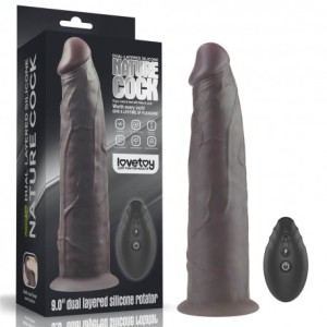 9.0" Dual Layered Platinum Silicone Rotator & Vibrating Rechargeable Cock - Brown