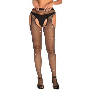 Crotchless Stockings With Rhinestones  Black - S/M