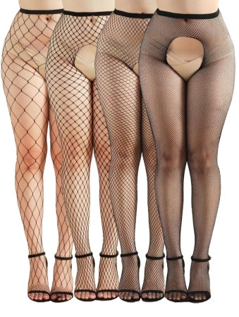 Set of 4 Mesh Crotchless Pantyhose, Black, S-L