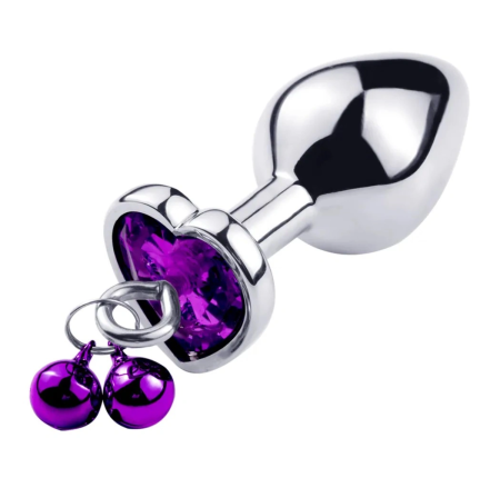 Medium Heart Metal Anal Plug With Bell Ring My Bells - Purple