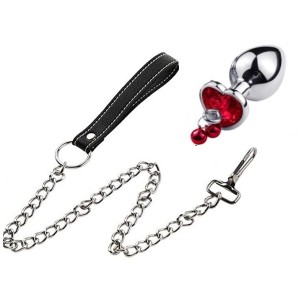 Large Heart Shaped Metal Anal Plug Ring My Bells-Red Crystal & Leash