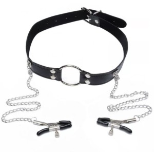 Gag Open Mouth with Nipple Clamps - Black/Silver