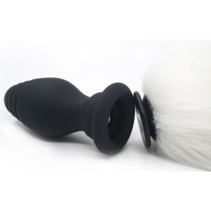 Wireless Silicone Anal Plug with Tail, 10 Vibrating Modes, USB Rechargeable - Black / White