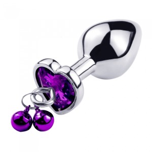 Medium Metal Heart Shape Anal Plug Ring My Bells with Purple Crystal & Leash